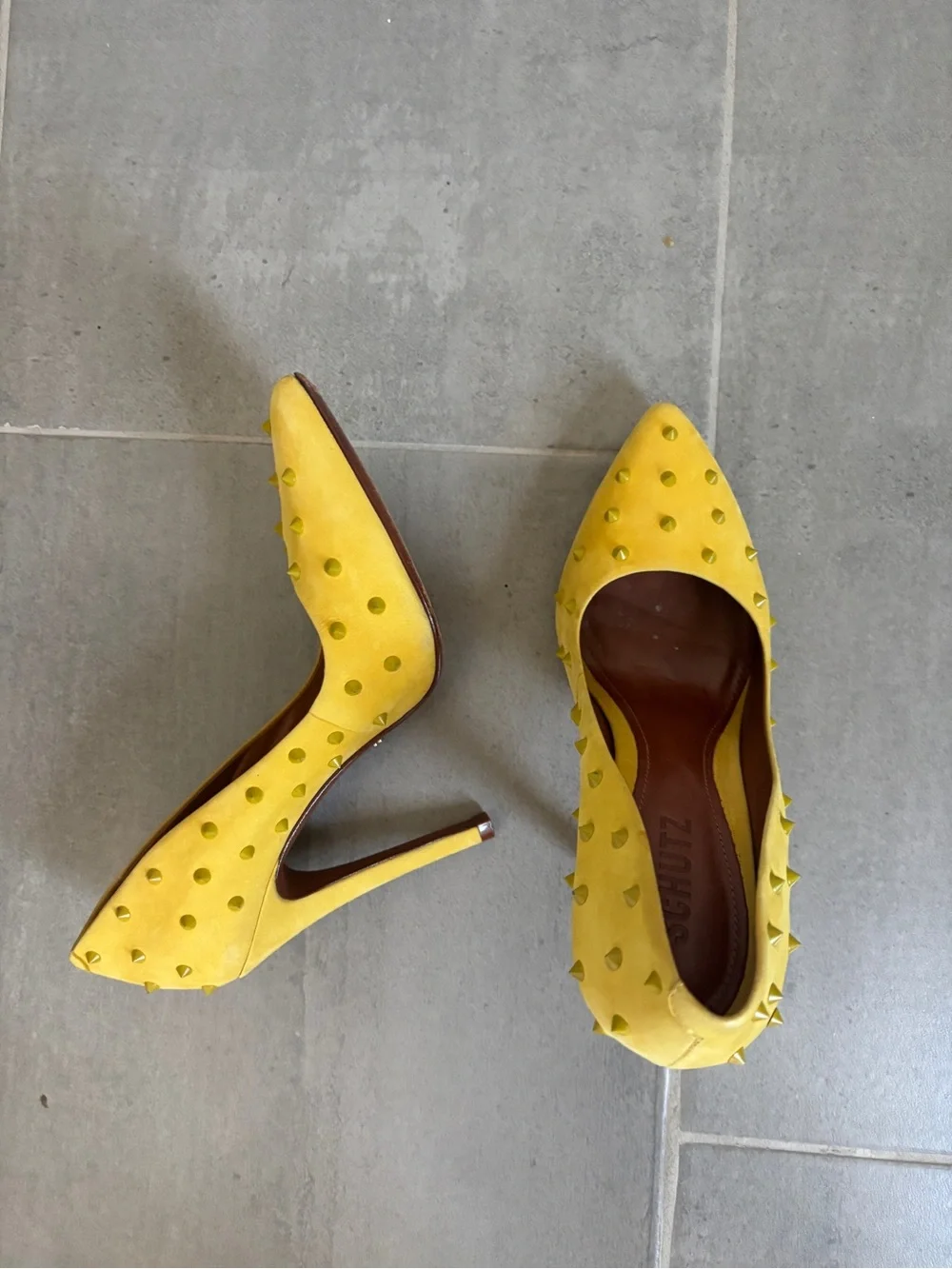 SCHUTZ Yellow Studded Pointed-Toe Stiletto Heels